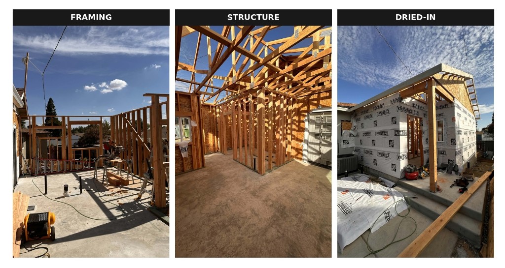 Home addition in progress — framing, structure, and dried-in stages